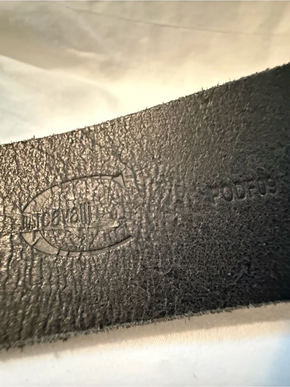 Just Cavalli Distressed Silver Oval Logo Buckle with Black Strap